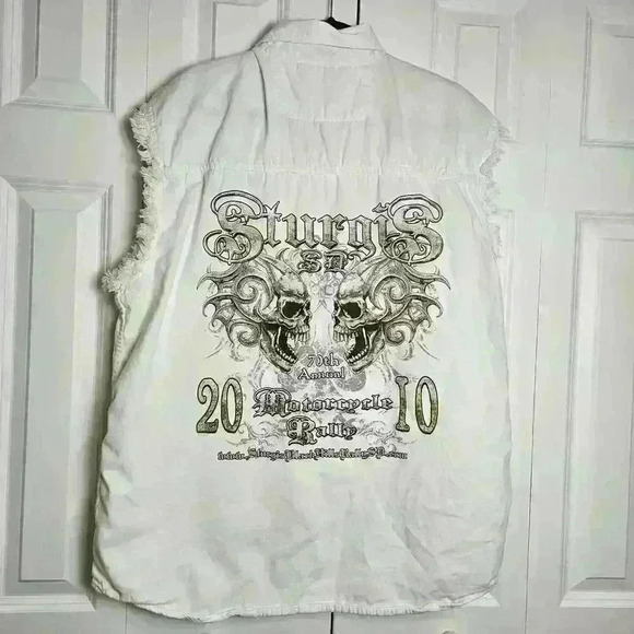 Bikers Edge Sturgis 2010 Sleeveless White Denim Button Up Shirt Embroidered 3XL - Picture 2 of 7